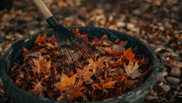 A bucket full of leaves with a rake nearby, perfect for yard work or gardening