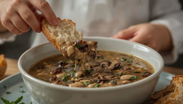Person dipping bread into a bowl of soup