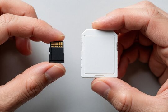 Person holds small MicroSD card, large SD card in hands. Comparison of memory storage media sizes for digital devices. Tiny flash memory chip vs standard card for camera, smartphone, tablet data