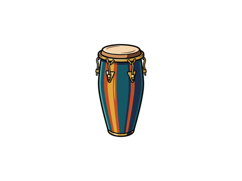 Colorful Striped Conga Drum With Tan Drumhead Gold Hardware And Bold Outlined Design On White Background.eps