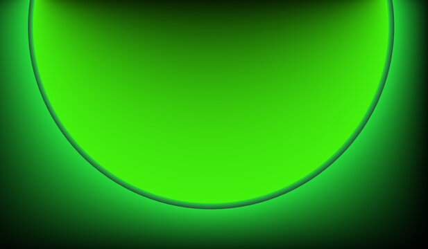 Abstract dark tech background featuring a massive glowing neon green upper arch and luminous dome with bottom copy space.