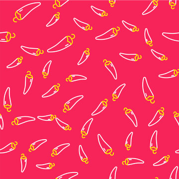 Line Hot chili pepper pod icon isolated seamless pattern on red background. Design for grocery, culinary products, seasoning and spice package, cooking book. Vector