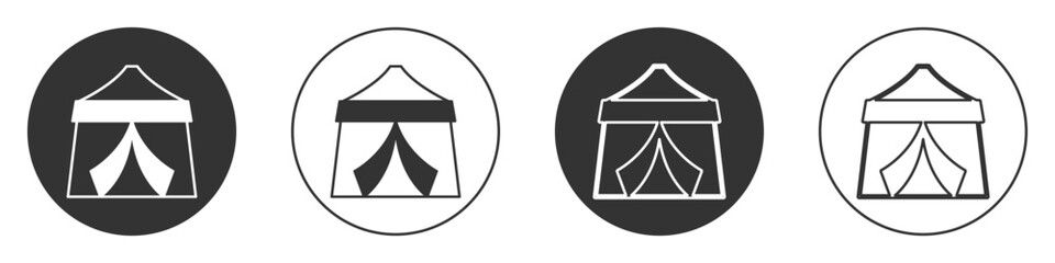 Black Circus tent icon isolated on white background. Carnival camping tent. Amusement park. Circle button. Vector © Kostiantyn