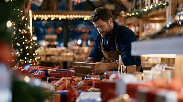 Man in an apron carefully wrapping numerous christmas gifts and preparing packages for customers in a festive, decorated shop during the busy holiday season