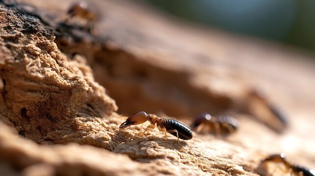 Close up of termite worker and soldier tearing into and eating wood, showing detailed colony damage and decay on timber, illustrating pest infestation and structural threat