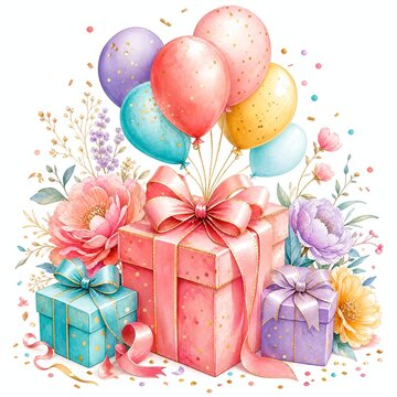 Pink Birthday Gift Box with Pastel Balloons Tied to Bow