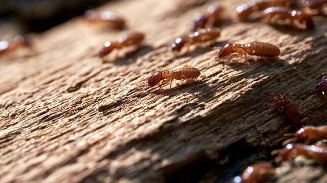 Termites crawling over decaying wood, close up of an infested plank showing colony activity, wood damage and organic decay indicating structural destruction and pest problem