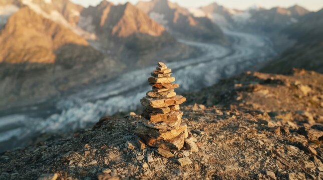 Stone cairn on a glacier mountain pass seen from above, marking a calm alpine trail with balance and guidance.