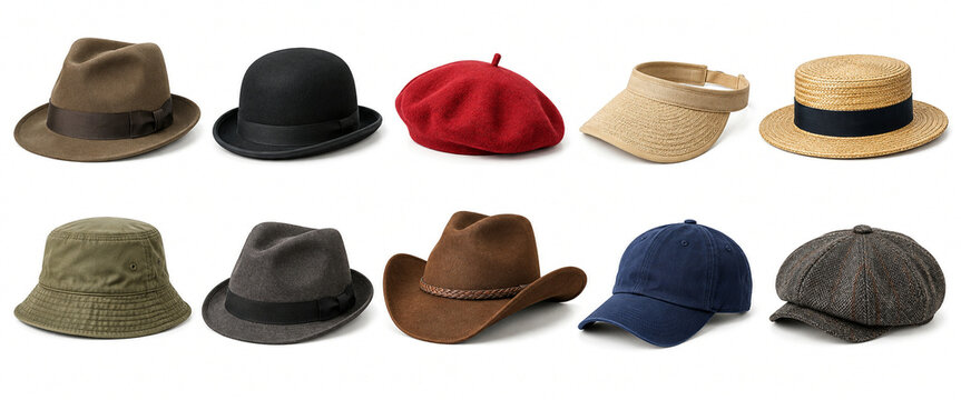Ten everyday headwear styles isolated on white