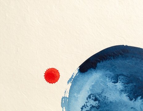 Large indigo blue ink circle with a small vermilion red dot on cream Japanese paper, minimal abstract background with copy space