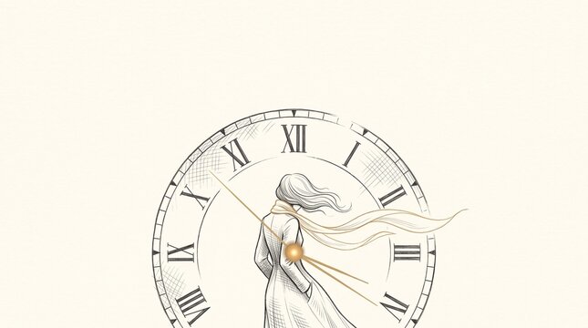 New Year clock becoming an elegant woman, minimalist fine art illustration

