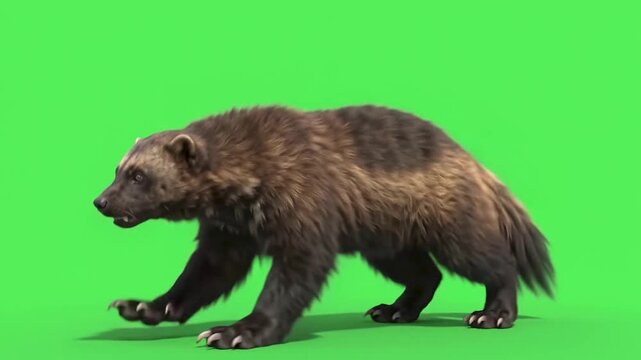 Wolverine low-slung bounding lumber in place with massive muscular neck flexes, wide snow-shoe paws driving down, and a bristling bushy tail.
