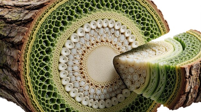 Detailed cross section of plant stem showing internal anatomy. Diagram displays various botanical layers like xylem, phloem, cortex, pith. Scientific illustration cellular structure, vascular bundles