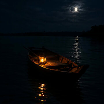 A cinematic wooden boat with a glowing vintage lantern floating on a calm river at night, bright full moon behind dark clouds moonlight reflecting on the water, distant tree silhouettes