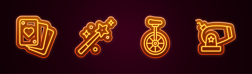 Set line Playing cards, Magic wand, Unicycle and Cannon. Glowing neon icon. Vector © Iryna