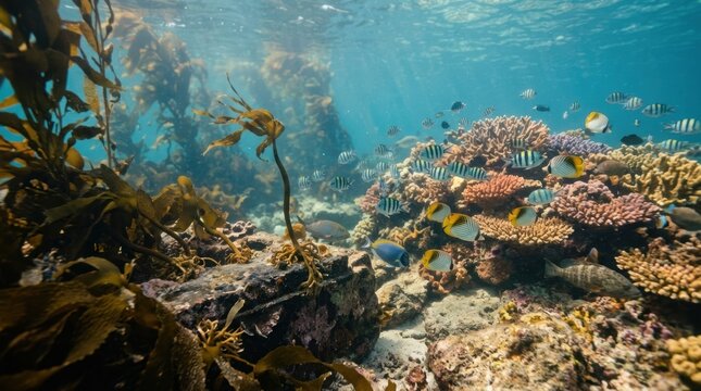 Kelp forest meeting coral reef with striped fish, holdfasts on stone, and a marine boundary