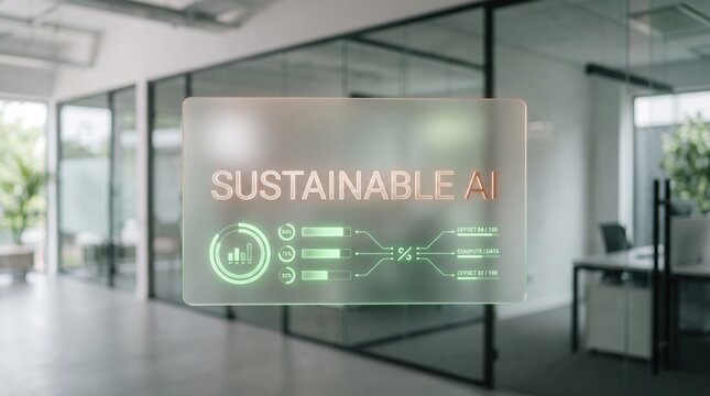 Exploring the imperative of sustainable artificial intelligence, depicted on a futuristic holographic screen with dynamic data visualizations in a contemporary office setting