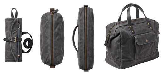 Multi-view dark gray zippered bag on transparent background © vadymstock