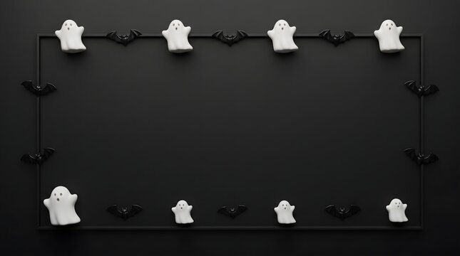 Halloween frame with cute ghosts and black bats on a dark background