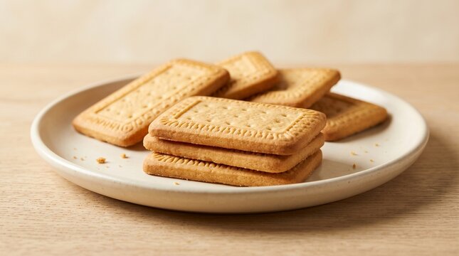 Stack of golden rectangular butter biscuits and crispy tea cookies served on a white ceramic plate over a light wooden tabletop for breakfast food background