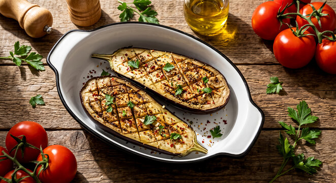 Grilled eggplant slices with herbs tomatoes olive oil rustic wooden