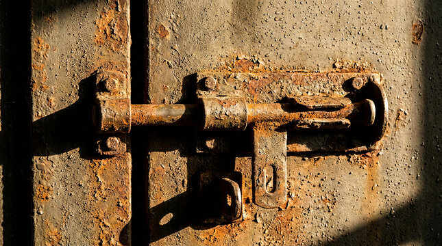 Rusted Steel Bolt Mechanism on a Heavy Plain Metal Door