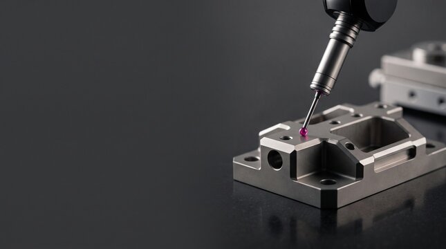 Coordinate measuring machine CMM ruby probe inspecting precision machined metal part with copy space