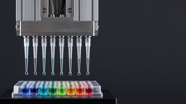 Automated multichannel laboratory pipette dispensing colorful liquid droplets into 96 well microplate with copy space