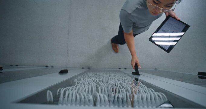 Engineer Compares Tablet Dashboard With Physical Patch Connections Inside Server Rack. Technical Workflow Demonstrates Port Mapping, Cable Verification, Network Documentation and Infrastructure Audit.