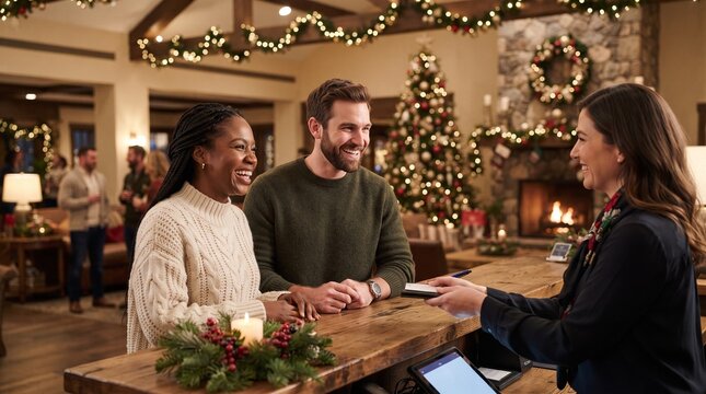 Couple checking into a festive hotel lobby decorated for Christmas with a fireplace and tree