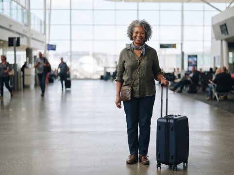 Smiling senior Black woman with suitcase at airport terminal ready for travel