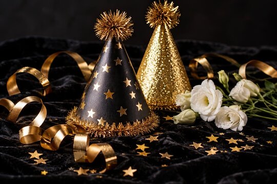 Party hats adorned with shiny stars resting on a dark velvet fabric alongside festive ribbons and white blossoms.