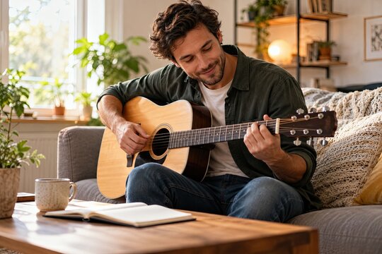 Musician playing an acoustic guitar while sitting on a comfortable sofa in a brightly lit living room.