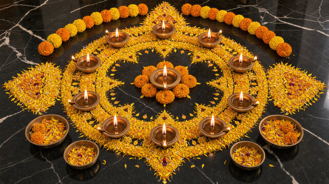 Top down flat lay view of elegant festive Indian Swagat Diwali decoration with vibrant marigold flowers and glowing brass diya lamps on black marble, generative AI