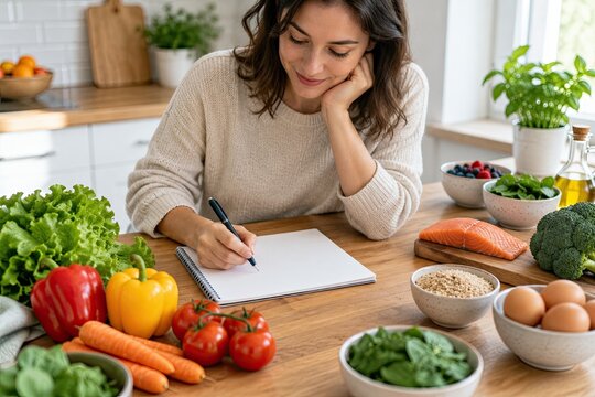 Woman sitting at a wooden kitchen counter surrounded by fresh vegetables writing notes in a notebook.