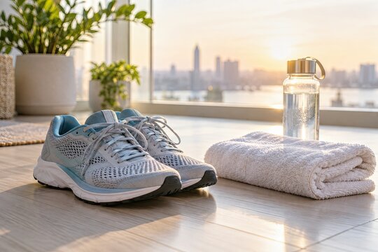 Sneakers and a water bottle placed on a wooden floor near a large window overlooking a city skyline.