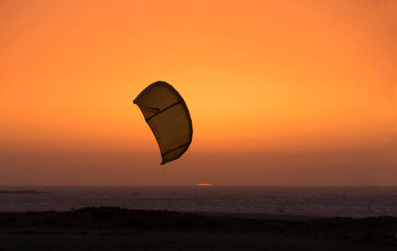 Morocco, Essaouira beach kitesurfing sunset