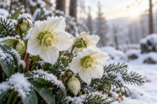 Hellebore flowers blooming outdoors covered in fresh white snow during a chilly winter season.