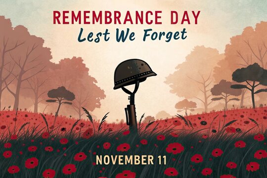 Remembrance Day November 11 Memorial Poster With Soldier Helmet And Red Poppies