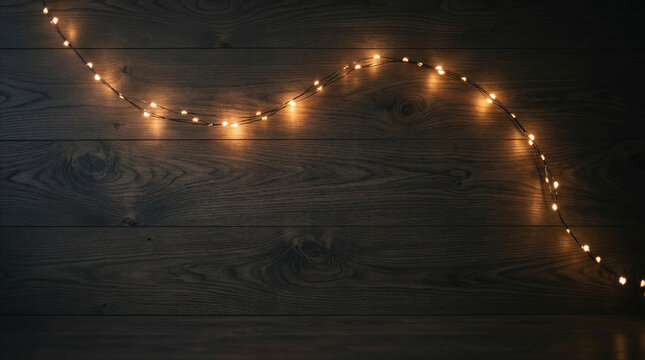 Warm string lights draped across a dark wooden plank background. Rustic festive backdrop with open copy space. Holiday decoration and seasonal celebration concept. Cozy event design.