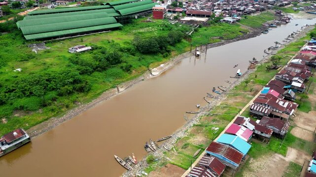 Panoramic aerial view of the traditional riverside district of Belen in Iquitos, showing characteristic stilt houses (palafitos) along the banks of the Itaya River in the Peruvian Amazon.