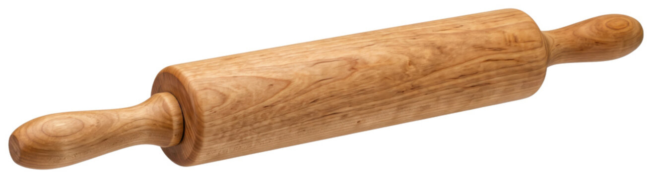 Wooden rolling pin with handles on transparent background
