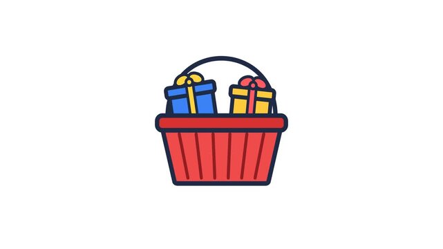 Vibrant vector illustration of a red shopping basket overflowing with colorful wrapped gift boxes, perfect for holiday shopping and special occasion promotions