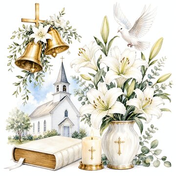 Closed Bible Beside Vase of White Lilies and Burning Candle