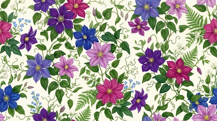 Fototapeta premium Vibrant colorful summer blooming clematis floral pattern texture elegant botanical ornament wallpaper blossom petals garden foliage nature decorative artistic decorative floral print floral flowers