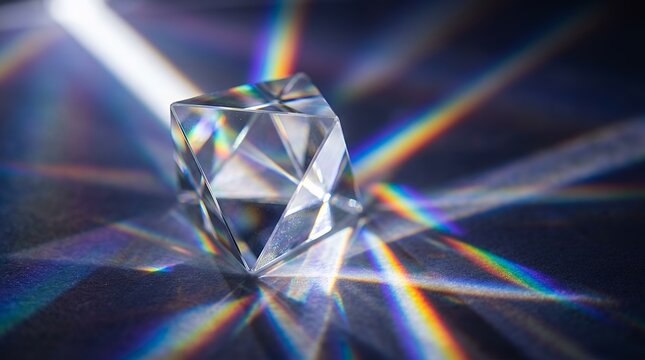 Abstract optical background featuring light refraction and dispersion effects through a transparent crystalline prism structure abstract optical background light refraction dispersion effect