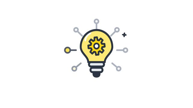 Modern vector icon illustrating creative innovation and technological problem-solving, featuring a bright lightbulb with a gear, representing smart ideas and development