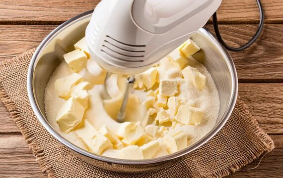 Top-down close-up photo of a stainless steel mixing bowl with chunks of soft butter and granulated white sugar, white electric hand mixer with metal beaters dipped into the mixture