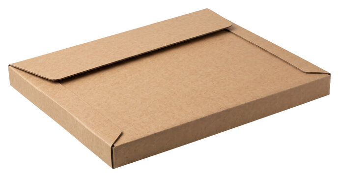 Partly closed cardboard mailer box on transparent background