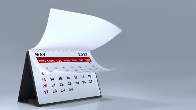2027 Desk Calendar 3D Animation Flipping Through 12 Months with Copy Space